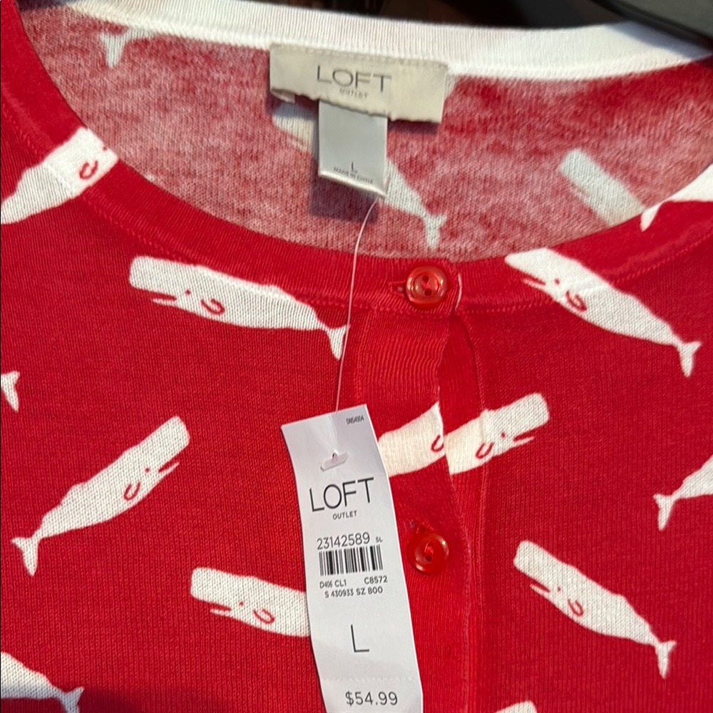 LOFT Red Cardigan with White Whale Pattern - Picture 2 of 3
